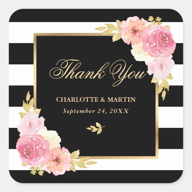 Pegatina Cuadrada Black White Stripes Gold Boda Floral Gracias (Anverso)