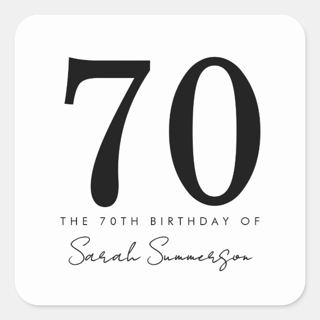 Pegatina Cuadrada Black White Typography Seventy 70th Birthday (Anverso)