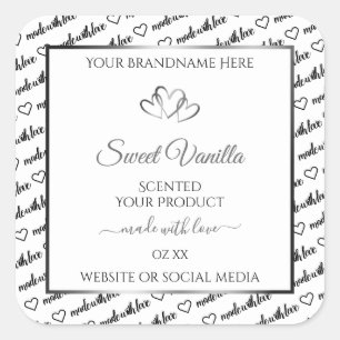 Pegatina Cuadrada Black White Word Cloud Product Label Silver Hearts