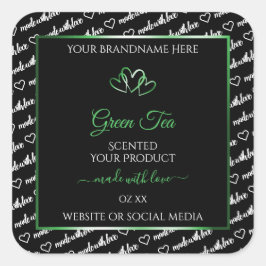 Pegatina Cuadrada Black White Word Cloud Product Labels Green Hearts