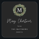 Pegatina Cuadrada Black Wreath Monogram Merry Christmas Gift<br><div class="desc">Entrega tus regalos en personalización y estilo con tu moda Wreath Monogram alegres Pegatinas de la Plaza de Regalos de Navidad. Viene en varios colores.</div>