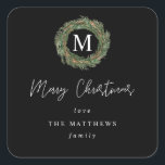Pegatina Cuadrada Black Wreath Monogram Merry Christmas Gift<br><div class="desc">Entrega tus regalos en personalización y estilo con tu moda Wreath Monogram alegres Pegatinas de la Plaza de Regalos de Navidad. Viene en varios colores.</div>