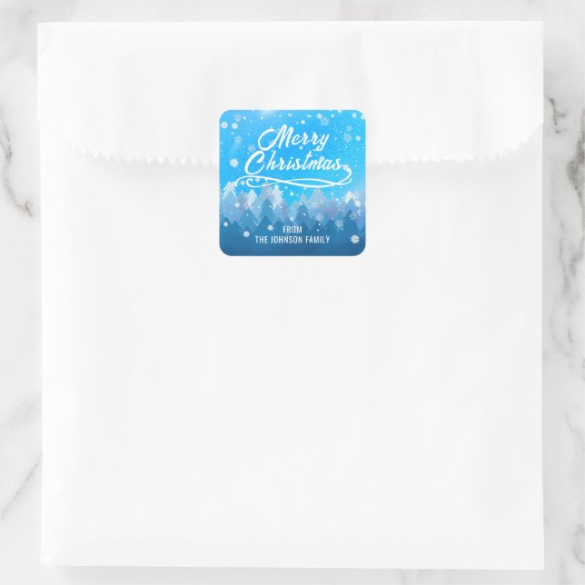 Pegatina Cuadrada Blanco Azul Nieve Bosque Pacífico Feliz Navidad (Bolso)