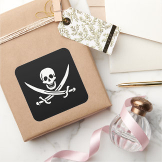 Pegatina Cuadrada Blanco, Bandera Pirata Calico Jack, Calavera y Cri