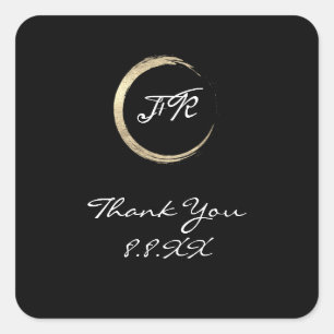 Pegatina Cuadrada Blanco Negro Gracias Monograma Oro Salvar La Fecha