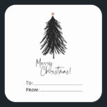 Pegatina Cuadrada Blanco Negro Simple Merry Christmas Tree<br><div class="desc">Hermoso y elegante pegatina negro y blanco de Feliz Navidad con un minimalista árbol de Navidad que tiene una minúscula estrella dorada. Así que bonito y perfecta para los que aman el guión escrito a mano. Vea la coordinación de artículos en nuestra tienda. Nota: coincide con nuestro popular papel de...</div>