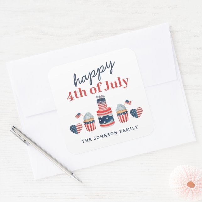 Pegatina Cuadrada Blanco Rojo Cuto Y Azul 4 De Julio Fiesta (Sobre)