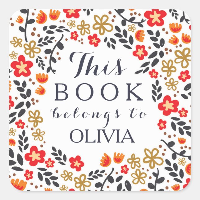 Pegatina Cuadrada Blanco Rojo Floral bonito Este libro pertenece a P (Anverso)