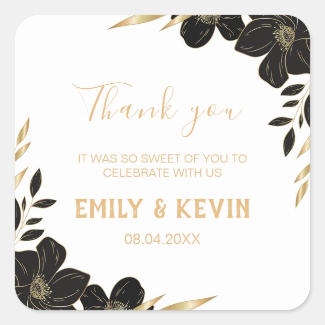 Pegatina Cuadrada Blanco y negro moderno, boda floral Gracias (Anverso)