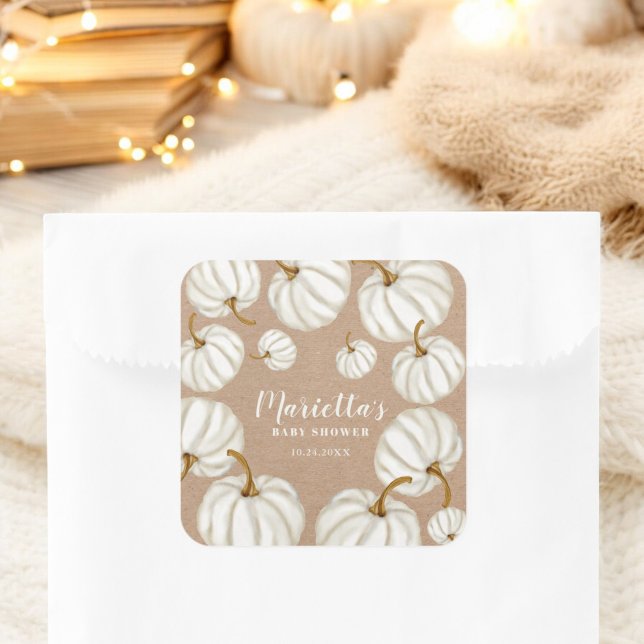 Pegatina Cuadrada Blanquecino kraft de calabaza blanco caída ducha d (White Little pumpkin kraft fall baby shower Square Sticker)