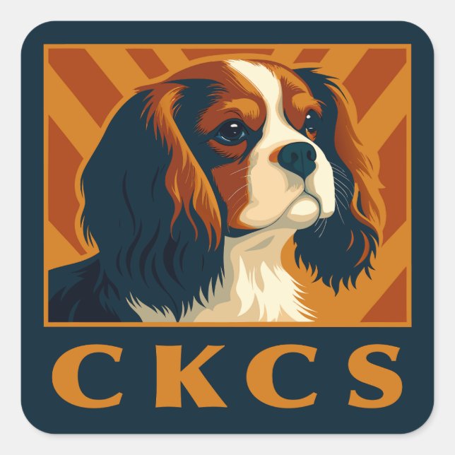 Pegatina Cuadrada Blenheim Cavalier King Charles Spaniel CKCS Retro (Anverso)