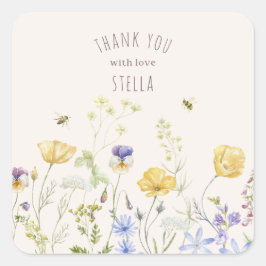 Pegatina Cuadrada Bliss de verano, flores silvestres, rústico, acuar
