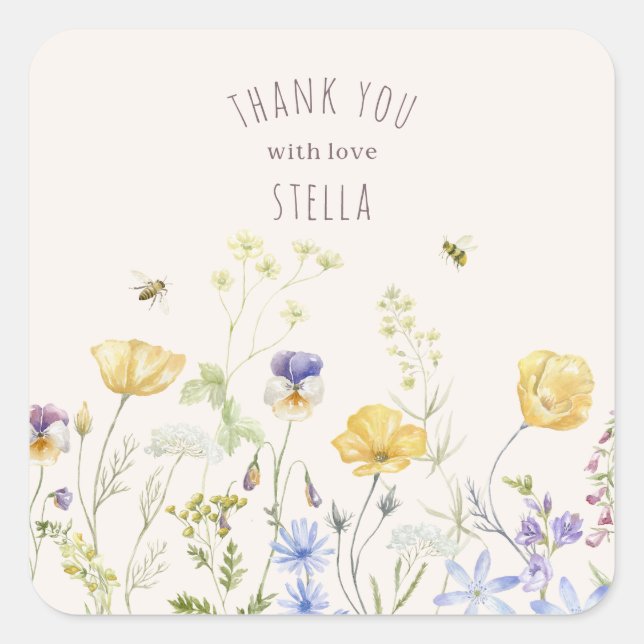 Pegatina Cuadrada Bliss de verano, flores silvestres, rústico, acuar (Anverso)