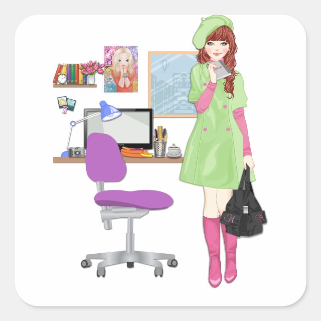 Pegatina Cuadrada Blogger de moda Chica de influencias de moda (Anverso)