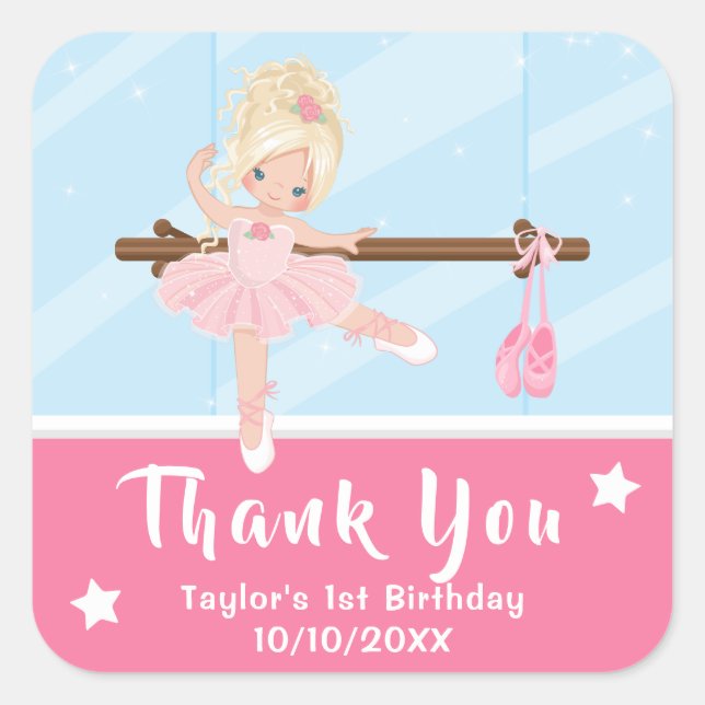Pegatina Cuadrada Blonde Hair Ballerina Cumpleaños Rosa Gracias Squa (Anverso)