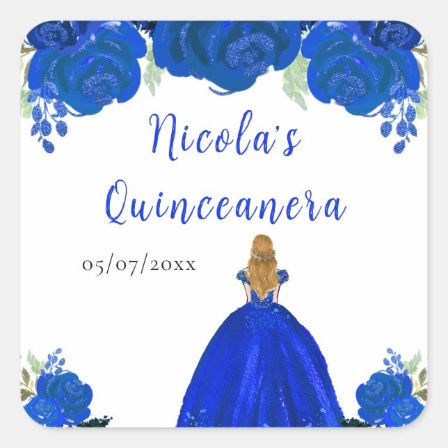 Pegatina Cuadrada Blonde Hair Princess Blue Floral Quinceanera (Anverso)