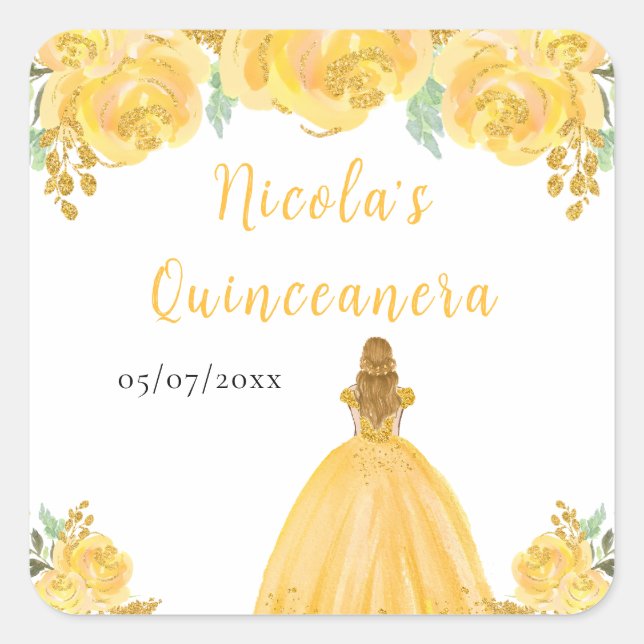 Pegatina Cuadrada Blonde Hair Princess Gold Floral Quinceanera (Anverso)