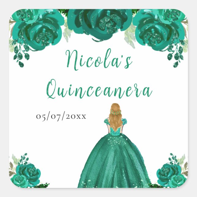 Pegatina Cuadrada Blonde Hair Princess Green Floral Quinceanera (Anverso)
