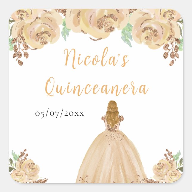 Pegatina Cuadrada Blonde Hair Princess Peach Floral Quinceanera (Anverso)