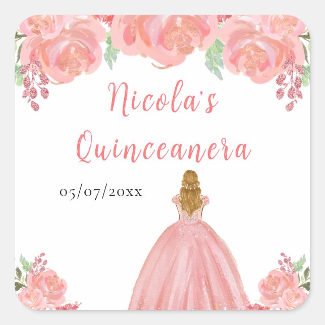 Pegatina Cuadrada Blonde Hair Princess Pink Floral Quinceanera (Anverso)