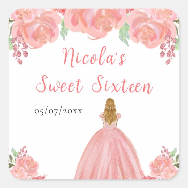 Pegatina Cuadrada Blonde Hair Princess Pink Floral Sweet Sixteen  (Anverso)