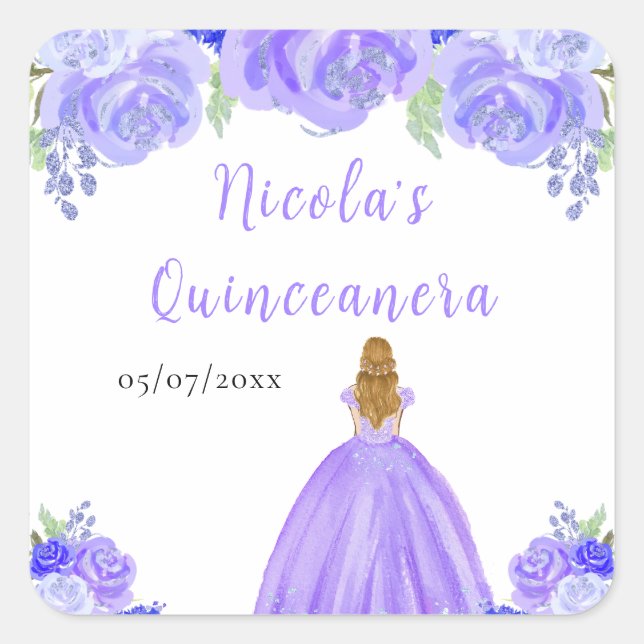 Pegatina Cuadrada Blonde Hair Princess Purple Floral Quinceanera (Anverso)