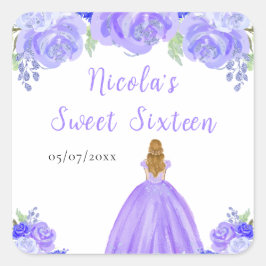 Pegatina Cuadrada Blonde Hair Princess Purple Floral Sweet Sixteen 