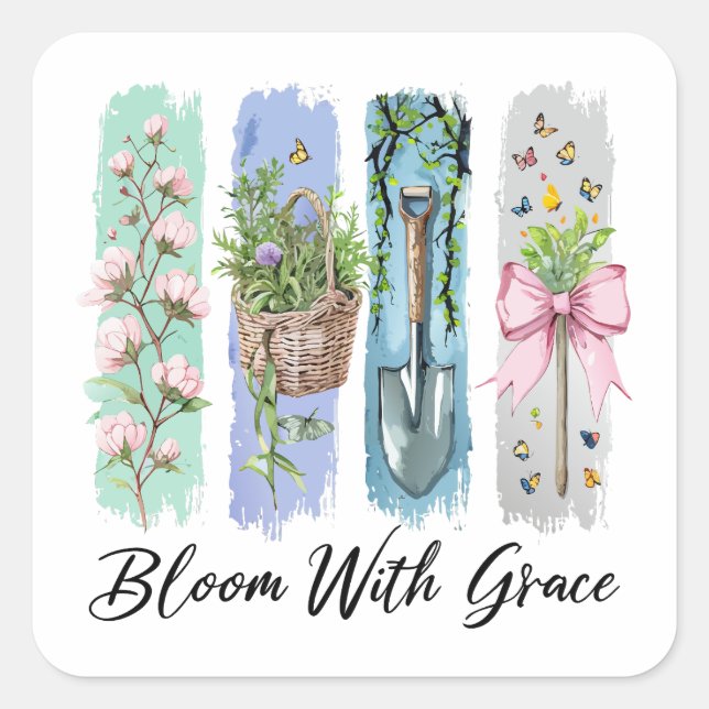 Pegatina Cuadrada Bloom con arte floral Grace Garden (Anverso)