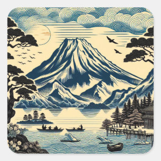 Pegatina Cuadrada Bloque de madera japonés Monte Fuji Lago Barcos Pi