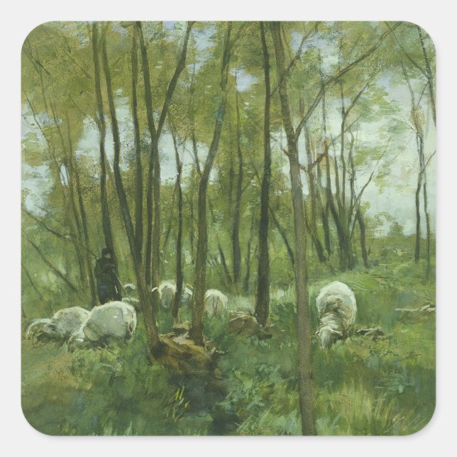 Pegatina Cuadrada Bloque de ovejas en un bosque, Anton Mauve (Anverso)