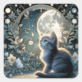 Pegatina Cuadrada Blossom lunar Art Nouveau Kitten