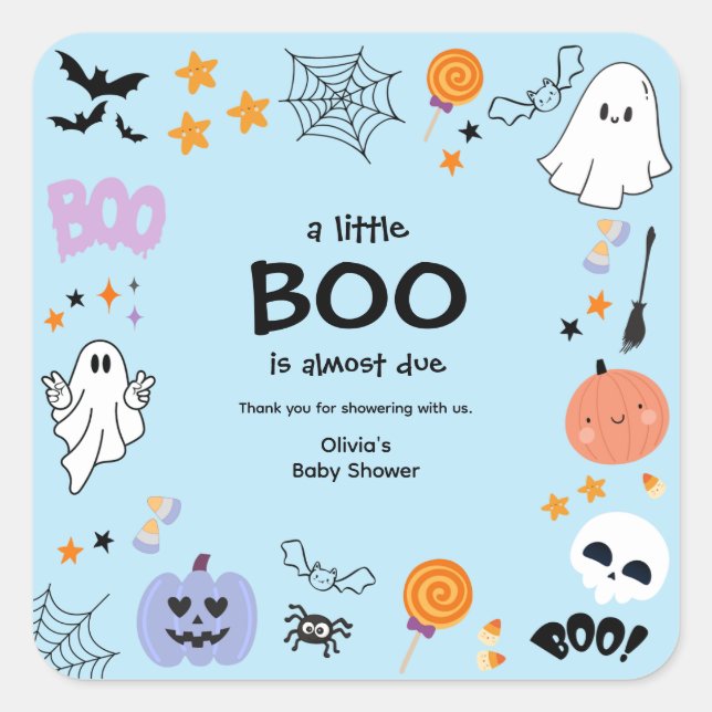 Pegatina Cuadrada Blue A Little Boo Halloween Baby Shower Gracias (Anverso)