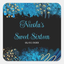 Pegatina Cuadrada Blue Alcohol Ink Sweet 16 Birthday Party
