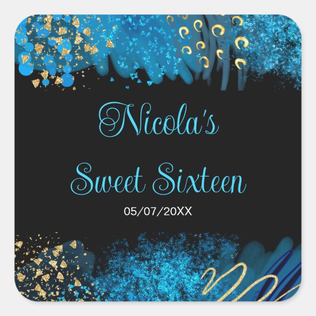 Pegatina Cuadrada Blue Alcohol Ink Sweet 16 Birthday Party (Anverso)