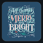 Pegatina Cuadrada Blue All Things Merry and Bright Christmas Sticker<br><div class="desc">Lleno de carteles detallados y ilustraciones de vacaciones, en una rica paleta de colores sobre un fondo azul real, este diseño hace un saludo muy especial para sus deseos de vacaciones a la familia y amigos. Asegúrese de ver los otros objetos y paletas de colores diferentes en la colección All...</div>