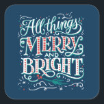 Pegatina Cuadrada Blue All Things Merry and Bright Christmas Sticker<br><div class="desc">Lleno de carteles detallados y ilustraciones de vacaciones, en una rica paleta de colores sobre un fondo azul real, este diseño hace un saludo muy especial para sus deseos de vacaciones a la familia y amigos. Asegúrese de ver los otros objetos y paletas de colores diferentes en la colección All...</div>