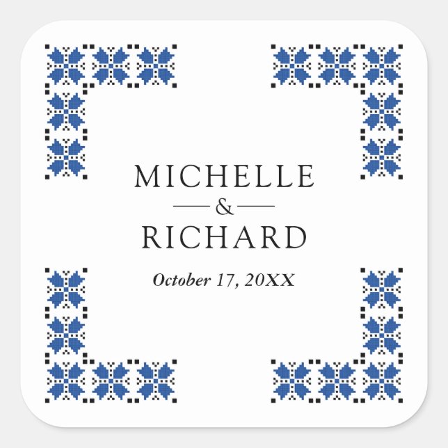 Pegatina Cuadrada Blue and Black Ukrainian Embroidery Wedding (Anverso)