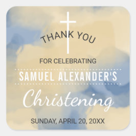 Pegatina Cuadrada Blue and Gold Watercolor Boy Christening