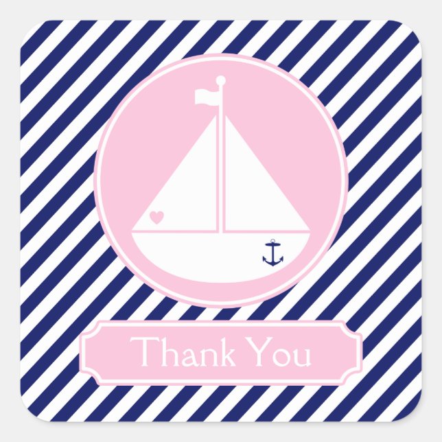 Pegatina Cuadrada Blue and Pink Sailboat Gracias (Anverso)