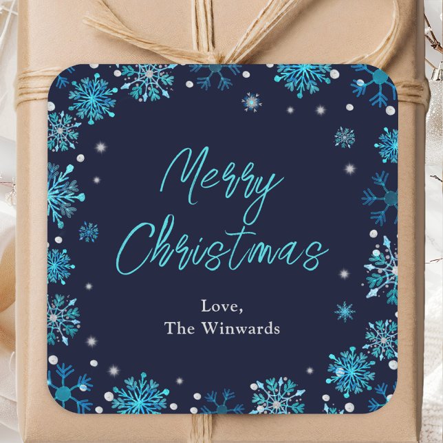 Pegatina Cuadrada Blue and Silver Snowflakes Feliz Navidad (Subido por el creador)
