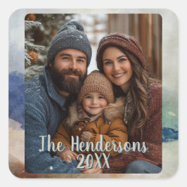 Pegatina Cuadrada Blue and Terracota Watercolor Photo Holiday