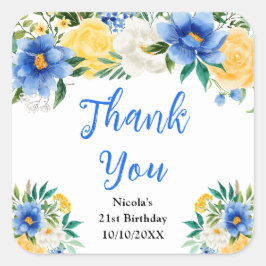 Pegatina Cuadrada Blue and Yellow Floral Birthday Thank You