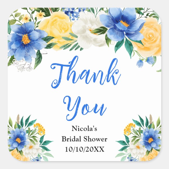 Pegatina Cuadrada Blue and Yellow Floral Bridal Shower Thank You (Anverso)