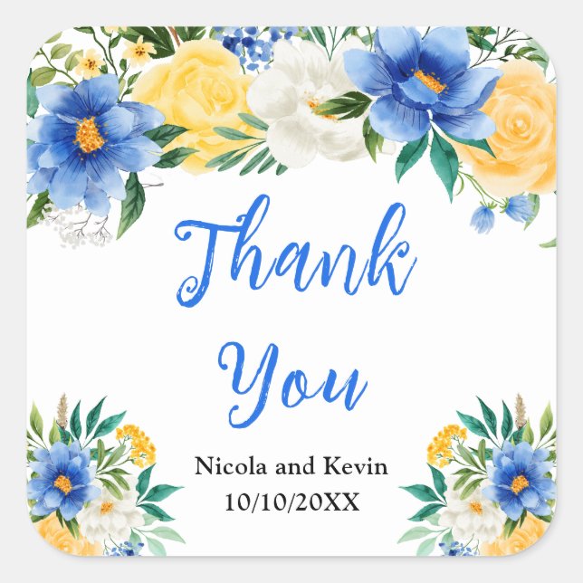 Pegatina Cuadrada Blue and Yellow Floral Wedding Thank You (Anverso)
