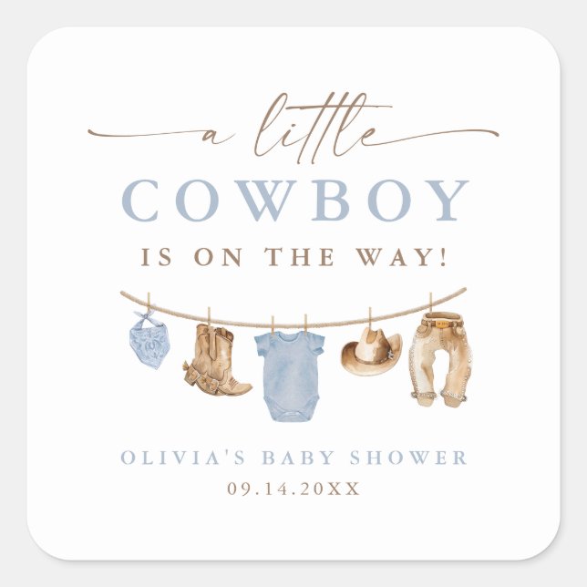 Pegatina Cuadrada Blue Baby Clothesline Little Cowboy Baby Shower (Anverso)
