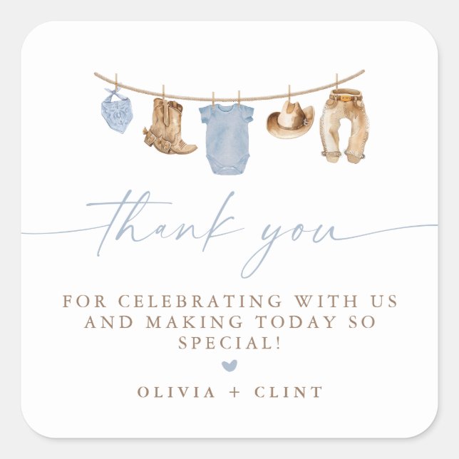Pegatina Cuadrada Blue Baby Clothesline Little Cowboy Baby Shower (Anverso)