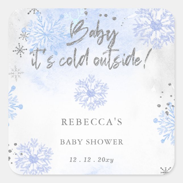 Pegatina Cuadrada Blue Baby it Cold Outside Winter Baby Shower (Anverso)