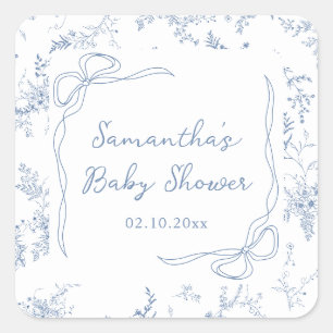 Pegatina Cuadrada Blue Baby Shower Floral Bow