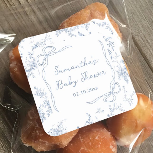 Pegatina Cuadrada Blue Baby Shower Floral Bow (Subido por el creador)