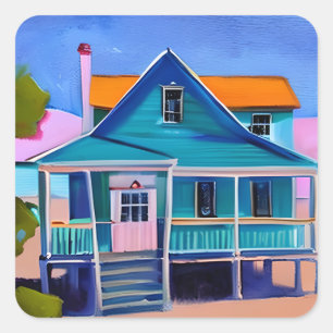 Pegatina Cuadrada Blue Beach House Vacation Quirky Art